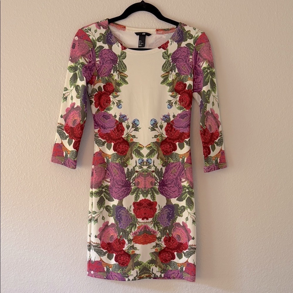H&M Red and Pink Floral Edge Sheath Dress with 3/4 Sleeves